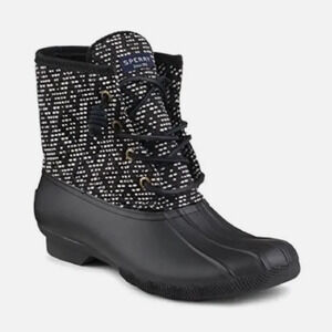 Sperry Black White Diamond Print Waterproof Lace Up Duck Boots Size 6